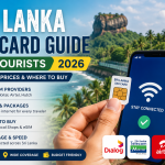 Tourist using Sri Lanka SIM card with mobile internet and tropical travel background in Sri Lanka