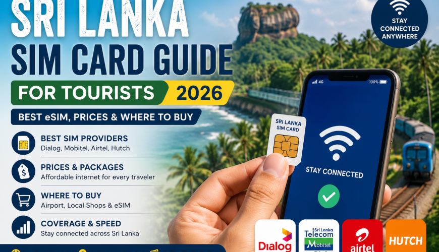 Tourist using Sri Lanka SIM card with mobile internet and tropical travel background in Sri Lanka
