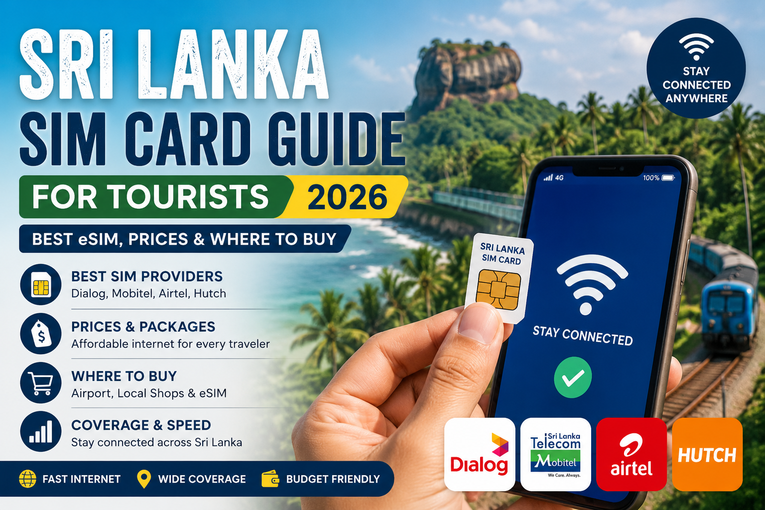 Tourist using Sri Lanka SIM card with mobile internet and tropical travel background in Sri Lanka